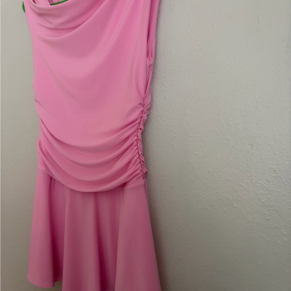 Aritzia Pink Ruched Pink Off The Shoulder Drop Waist Mini Dress - Picture 2 of 6